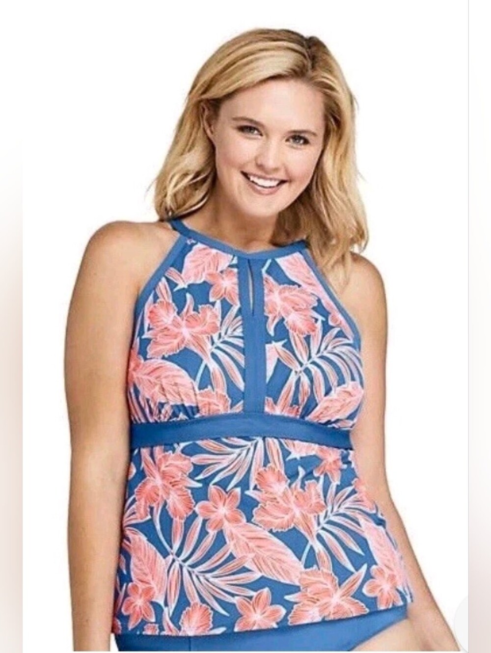 LANDS' END Tankini Top Blue Coral Trooic Print Keyhole Sz 16 DD Tummy Control